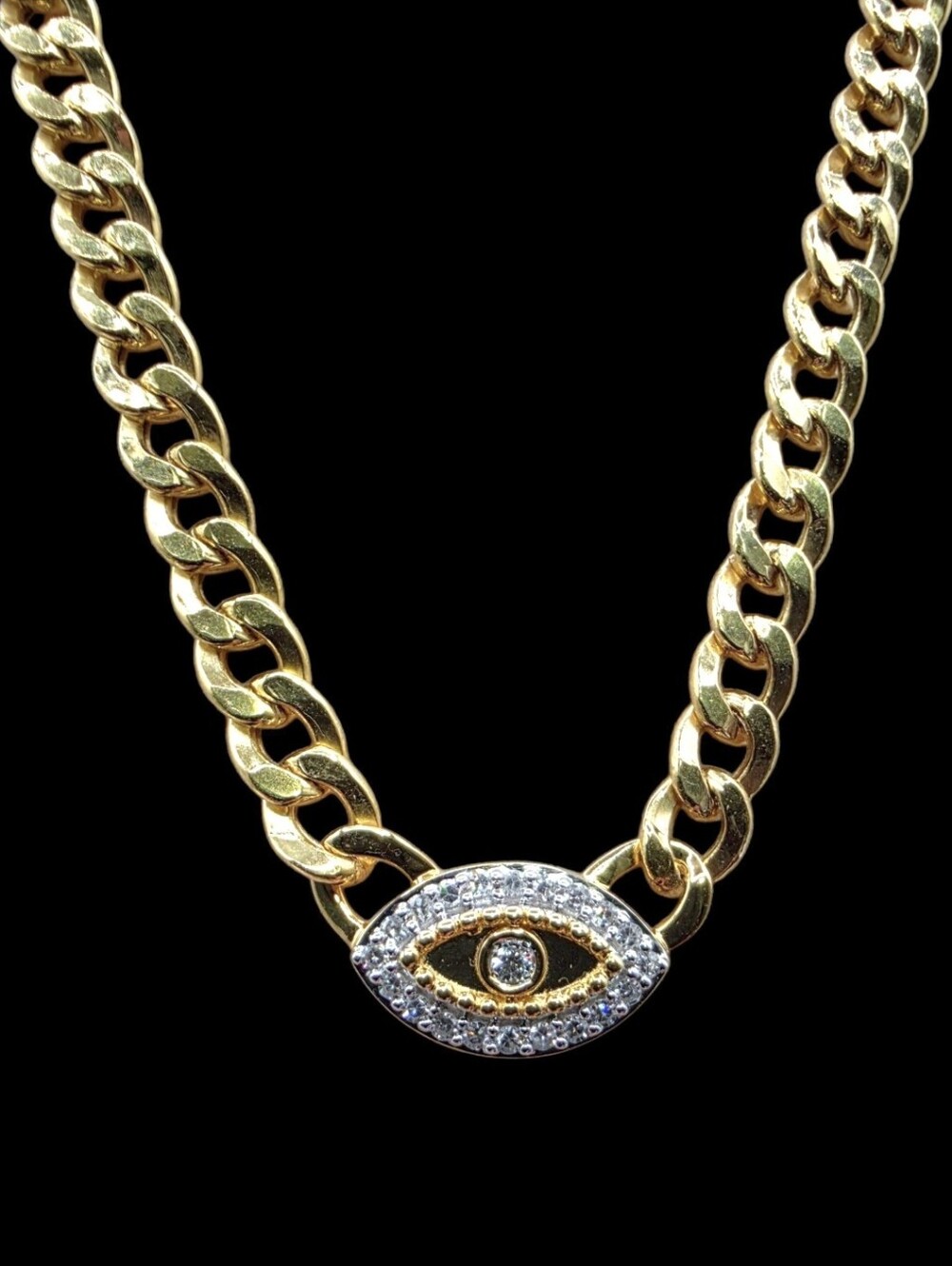0.14 CTW Lab Diamond 14K Gold Over 925 Silver Cuban Link Evil Eye Choker